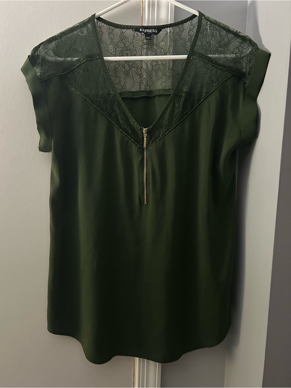 Express Dark Olive Lace-Yoke V-Neck Top with Gold Zip